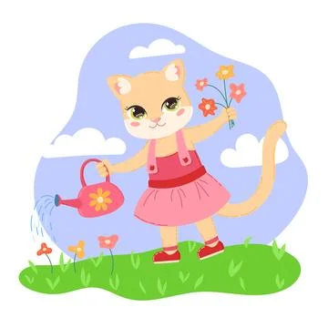 Vector image of a cute cartoon kitten in a pink dress with a pinkwatering c.. Stock Illustration