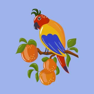 Vector image of cute cartoon parrot and peaches on a blue background. For the イラスト素材