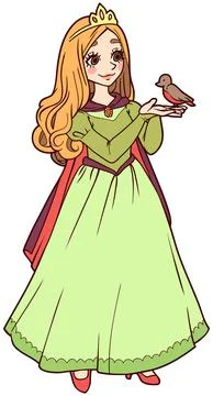 Vector image of cute cartoon princess in green dress with bird Stock Illustration