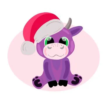 Vector image of a cute cartoon purple bull in a hat of Santa Claus on a pink Stock Illustration