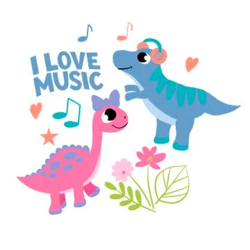 Vector image with cute dinosaurs, flowers and the inscription - i love music Illustrazione stock