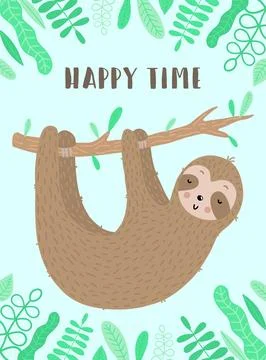 Vector image of a cute funny sloth on the branch in the leaves frame. Hand-dr Stock Illustration