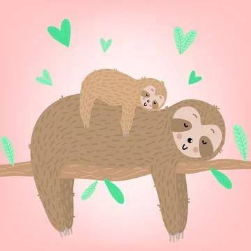 Vector image of a cute sloth with baby and hearts on the branch. Hand-drawn c Stock Illustration