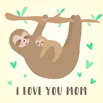 Vector image of a cute sloth with baby and hearts on the branch. Hand-drawn c Stock Illustration