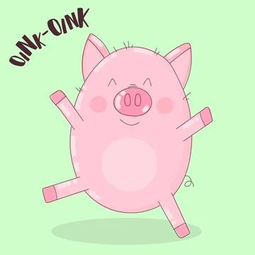 Vector image of a dancing pig on a green background with the words oink. Illu Stock Illustration