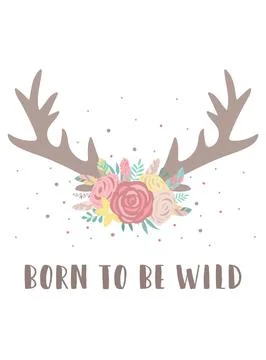 Vector image of deer horns in boho style with flowers with an inscription Bor Stock Illustration