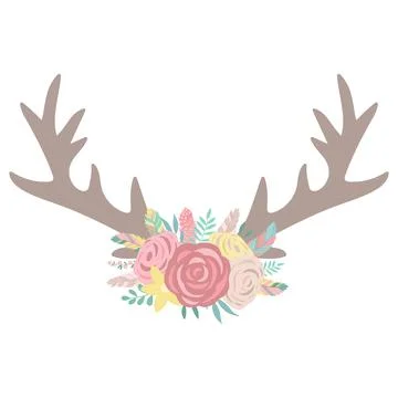 Vector image of deer horns in the boho style decorated with flowers. Hand-dra Stock Illustration