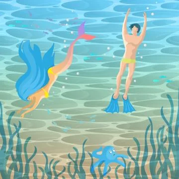 Vector image of a diver and a mermaid floating in the water among the algae. 库存插图