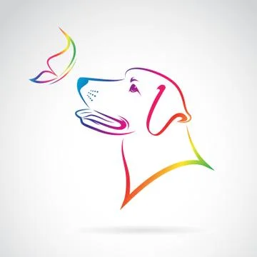 Vector image of dog and butterfly on white background Illustrazione stock