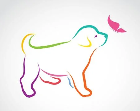Vector image of dog and butterfly on white background Stock Illustration