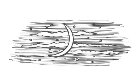 Vector image drawn on the sky of the month among clouds and stars. Stock Illustration