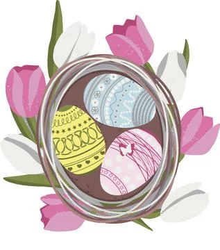 Vector image of an easter wreath with eggs and flowers Stock Illustration