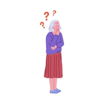 Vector image elderly woman with question marks indicating memory loss on a white 스톡 일러스트