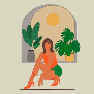 Vector image of an elegant, stylish girl indoors Stock Illustration