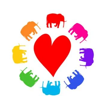 Vector image of elephants around heart on white background. Diversity. Stock Illustration
