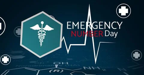 Vector image of emergency number day text with pulse trace and medical signs Illustrazione stock