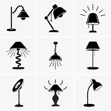 This vector image features nine distinct black lamp icons arranged on a white Stock Illustration