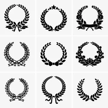 This vector image features nine unique decorative laurel wreaths, each with d Stock Illustration