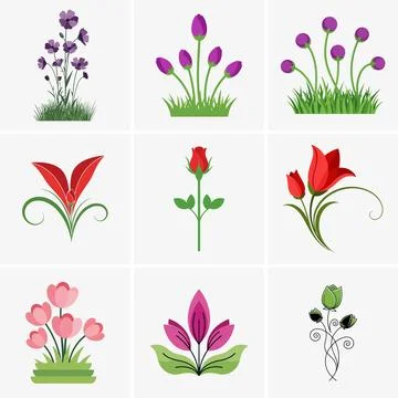 This vector image features nine unique floral designs with various color sche Stock Illustration