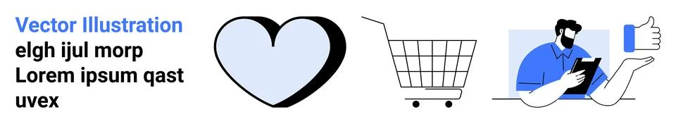 Vector Image Featuring Heart Shape, Shopping Cart, and Person Using a Tablet Stock Illustration