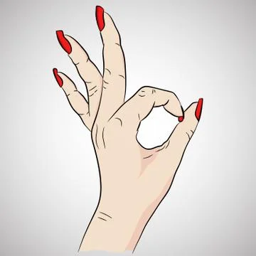 Vector image of female okey hand with red nails in cartoon style. Stock Illustration