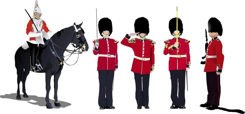 Vector image of five beefeaters. England guards. Stock Illustration