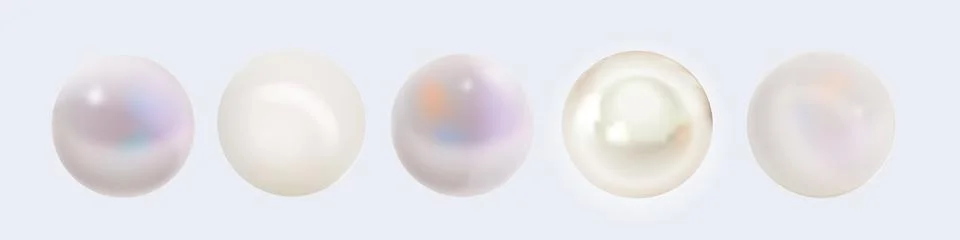 Vector image of five realistic pearls in soft white, pink, cream, and blue tones Stock Illustration