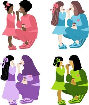 Vector image of four pairs of mother and daughter of different races Illustrazione stock