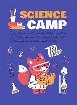 Vector image of a fox holding a chemistry book surrounded by chemical elements Stock-Illustration