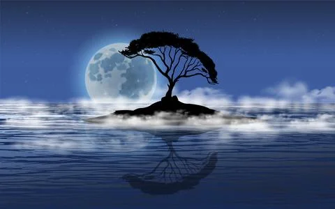 Vector image of full moon view and reflection of tree in water Stock Illustration