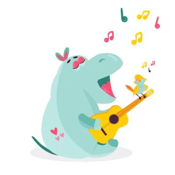 Vector image of a funny hippo playing ukulele Stock Illustration