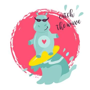 Vector image of a funny hippo on the surf. Stock Illustration