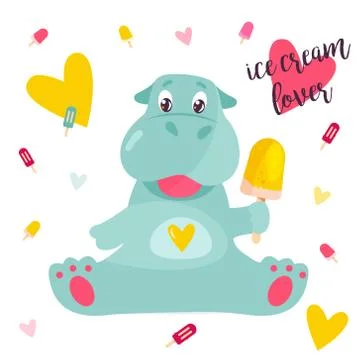 Vector image of a funny ice cream lover hippo Stock Illustration