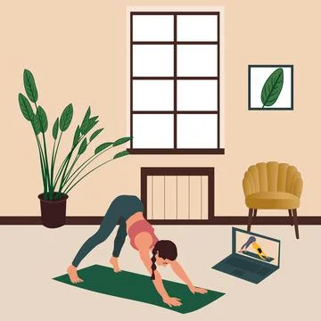 Vector image of a girl doing yoga online on a computer Stock Illustration