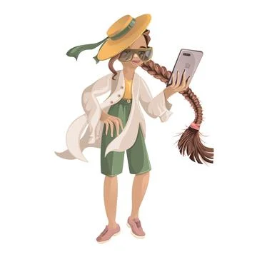 Vector image of a girl dressed for walking in sneakers and a hat, posing on t Ilustración de archivo