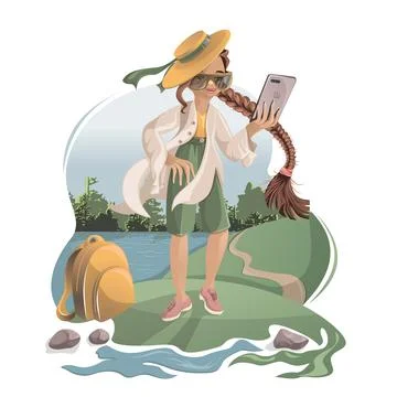 Vector image of a girl dressed for walking on the background of nature posing Ilustración de archivo