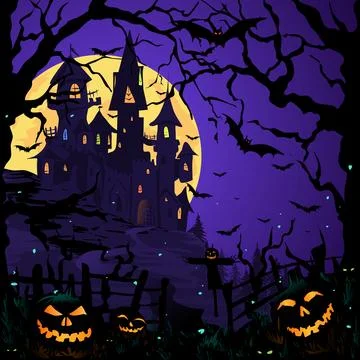 Vector Image Gradient Halloween background with jack lantern pumpkins and bats Stock Illustration