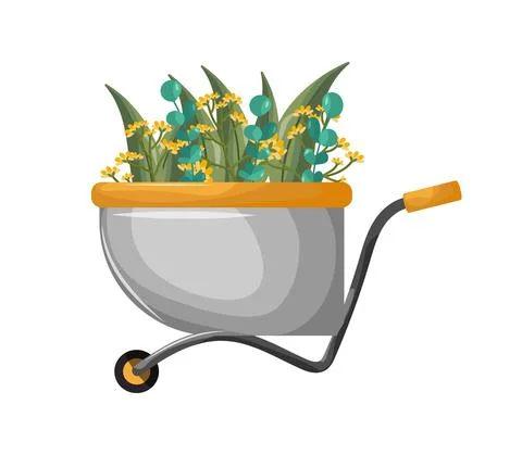 Vector image of a gray and yellow trolley side view. Garden tools are filled Stock Illustration