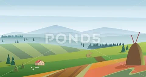 Vector image of green hills and meadow with farmhouse against blue mountains in Stock Illustration