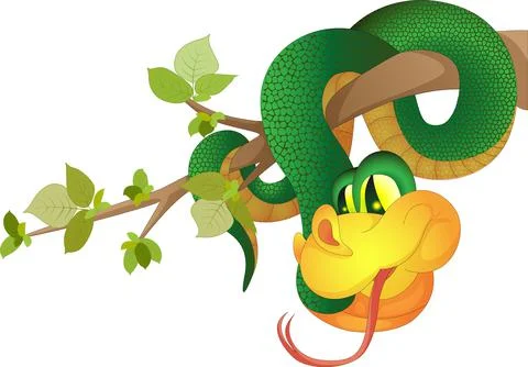 Vector image of a green snake hanging on a tree branch made in cartoon style, Stock Illustration