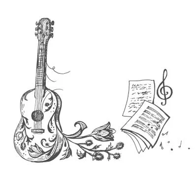 Vector image of a guitar with flowers and musical notation with a treble clef Stock Illustration