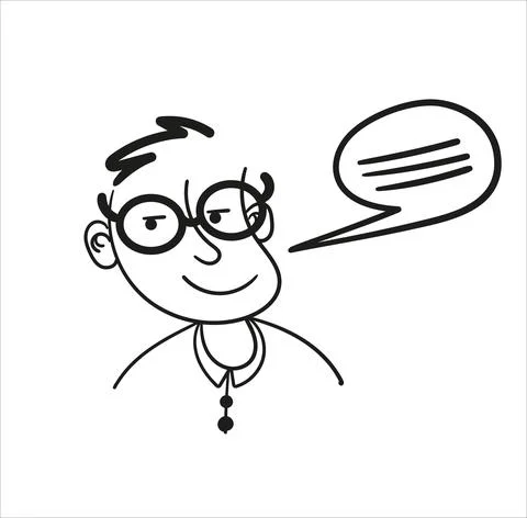 Vector image of a guy with glasses who speaks. Teaching and storytelling. Stock Illustration