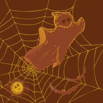 Vector image of a Halloween ghost and flying flies on a background of cobwebs Stock Illustration