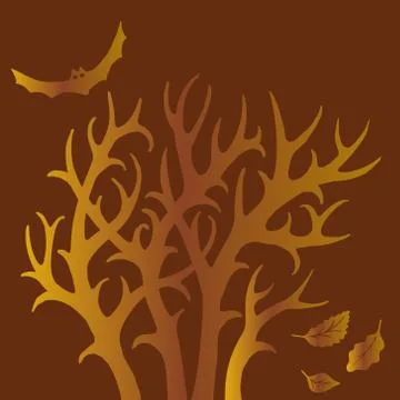 Vector image of halloween trees with bat and leaves in golden orange tones Stock Illustration