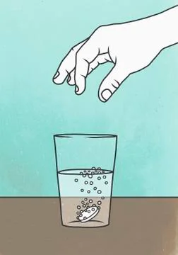 Vector image of hand putting medicine in water on table depicting illness Stock Illustration