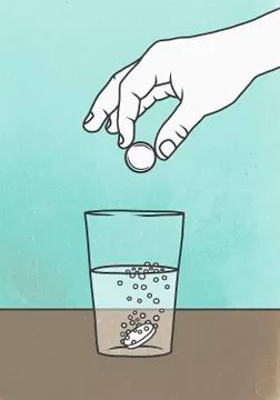 Vector image of hand putting medicine in water on table Stock Illustration