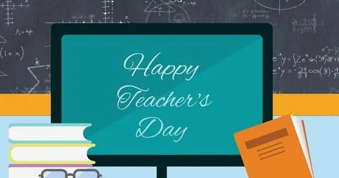 Vector image of happy teacher's day text on computer monitor in school Stock Illustration