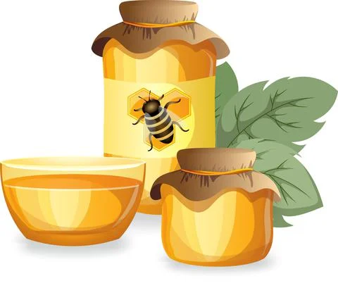 Vector image of honey in various containers. Appetizing fresh amber honey Stock Illustration