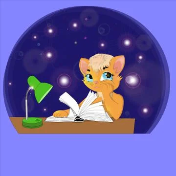 Vector image kitty sitting at a table in front of an open book Stock Illustration