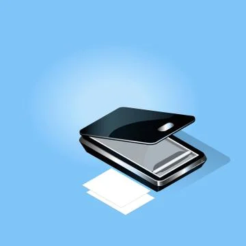 Vector image on a light blue background of a large-format black scanner in is Stock Illustration
